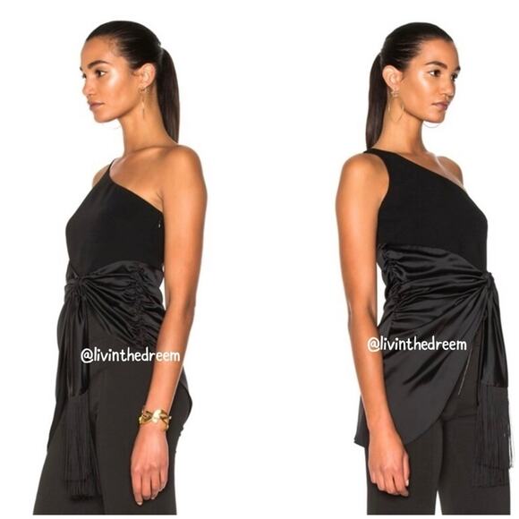 #T184 Cinq À Sept Theoline One-shoulder Crepe & Satin Top In Black SZ L $395 - Picture 3 of 13